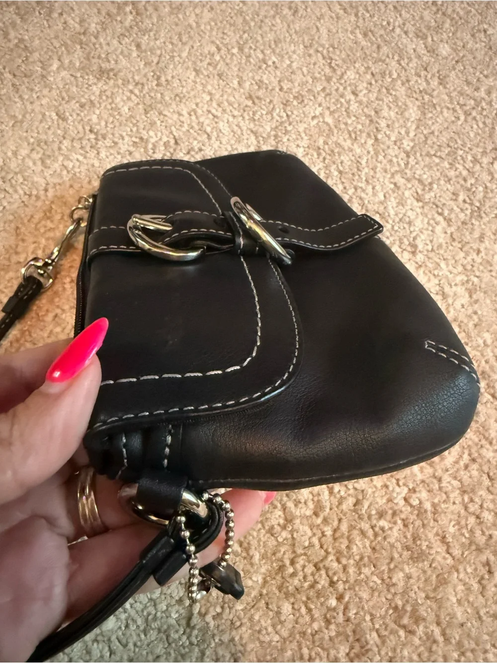 Coach Black Leather Wristlet Clutch with Silver Buckle